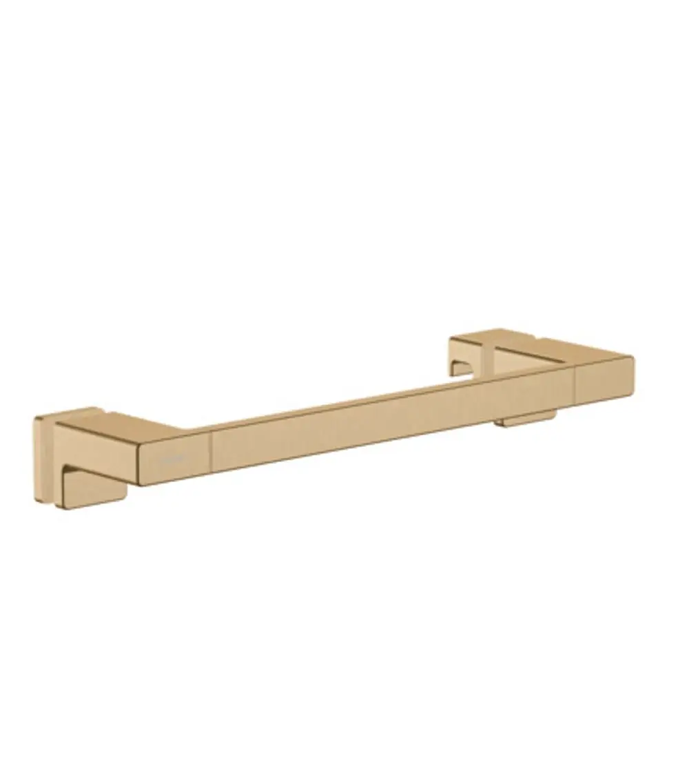 Hansgrohe Duschtürgriff in gebürstetem Bronze-Finish, rechteckige Form mit klaren Kanten, montiert an zwei festen Halterungen.